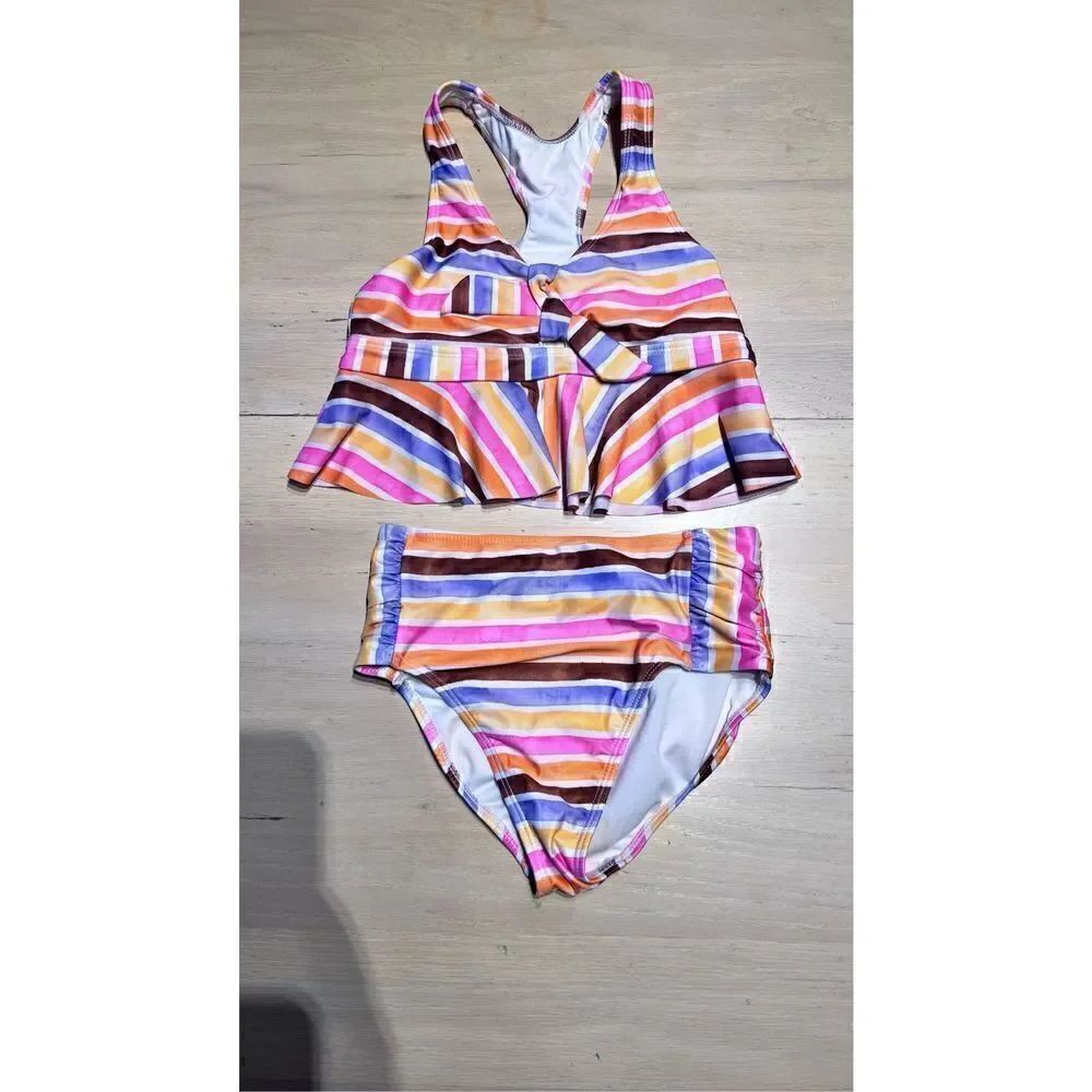 Wonder Nation Girls Striped Two-Piece Tankini Swim Set Multi-Color Size Medium - Picture 3 of 7